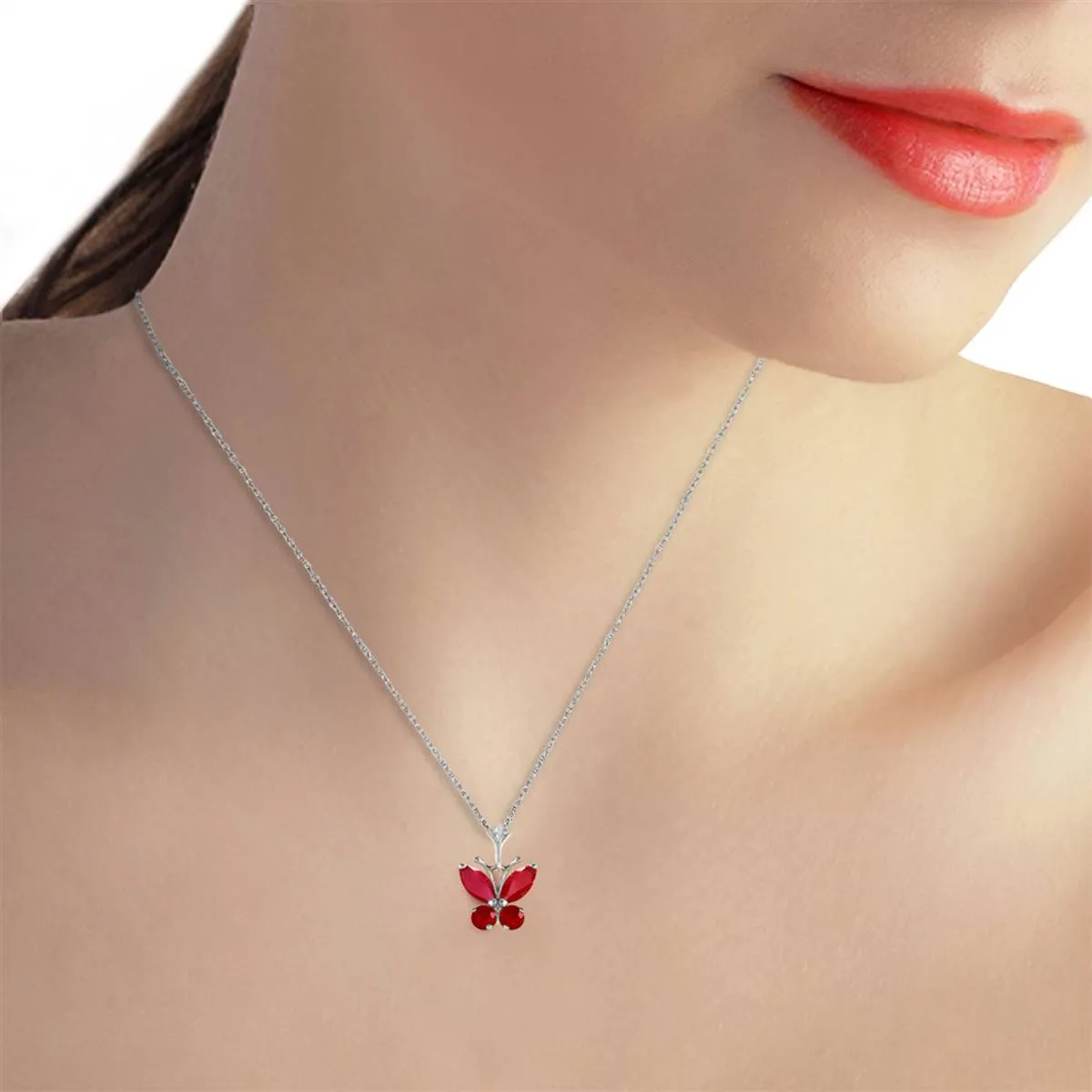 0.6 Carat 14K Solid White Gold Butterfly Necklace Natural Ruby