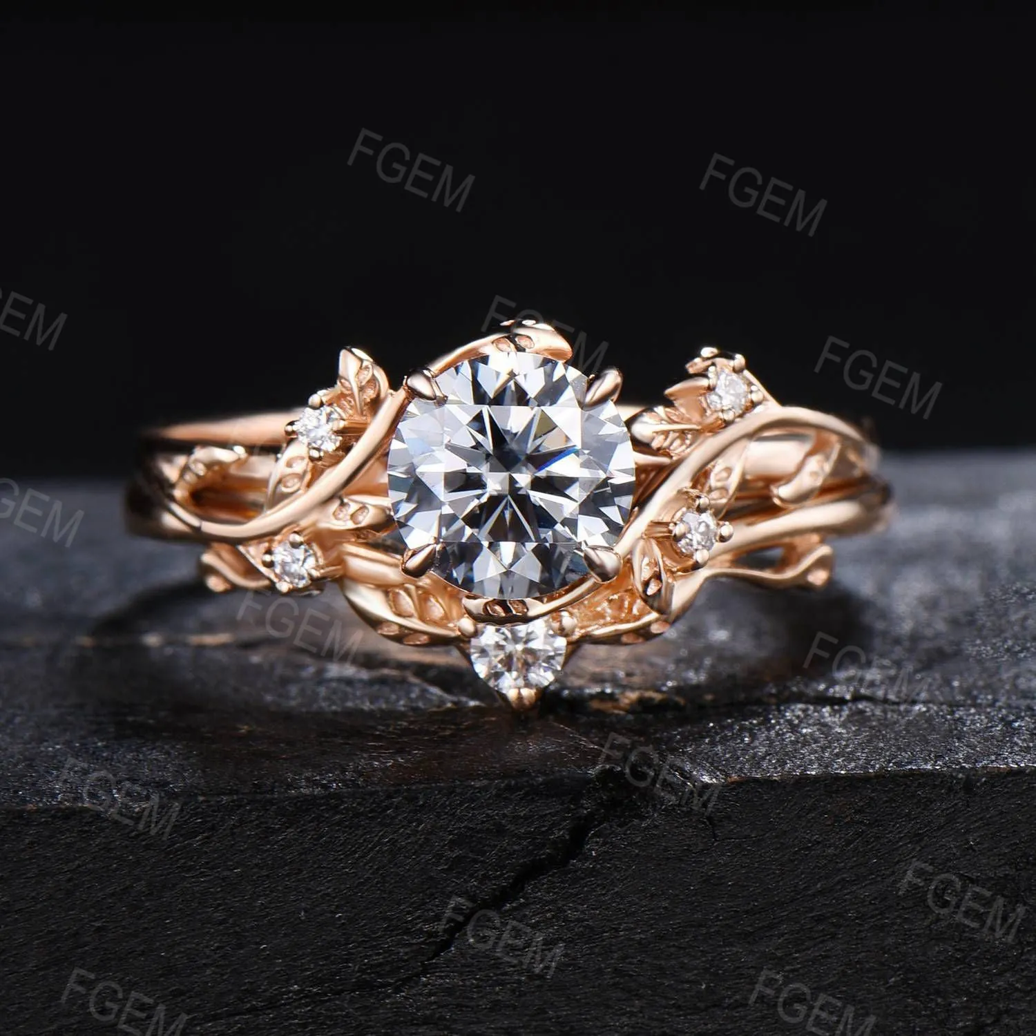 14k Solid Gold Engagement Ring Nature Inspired Grey Moissanite Ring 1ct Round Moissanite Bridal Set Twig Leaf Ring Set Proposal Women Gift
