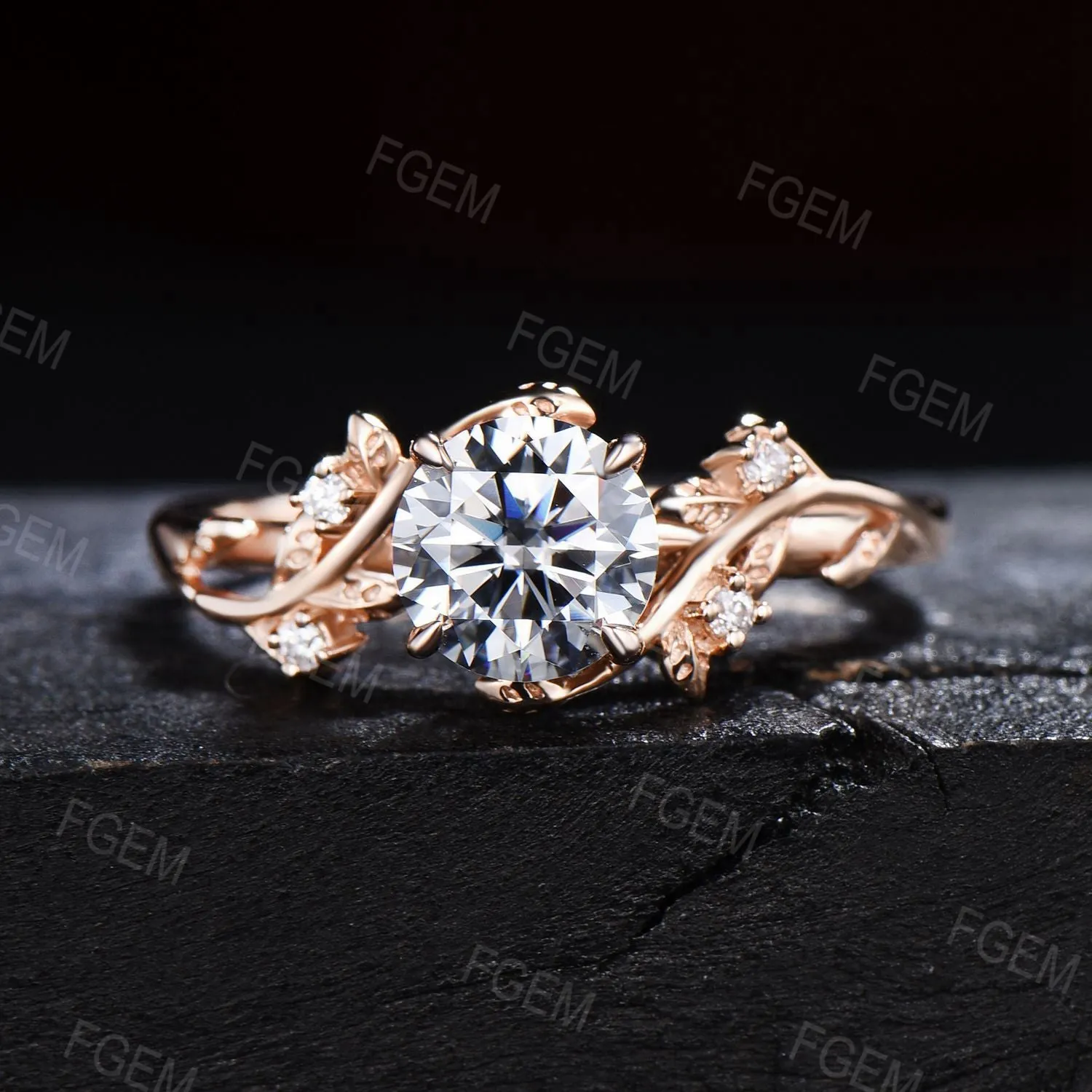 14k Solid Gold Engagement Ring Nature Inspired Grey Moissanite Ring 1ct Round Moissanite Bridal Set Twig Leaf Ring Set Proposal Women Gift