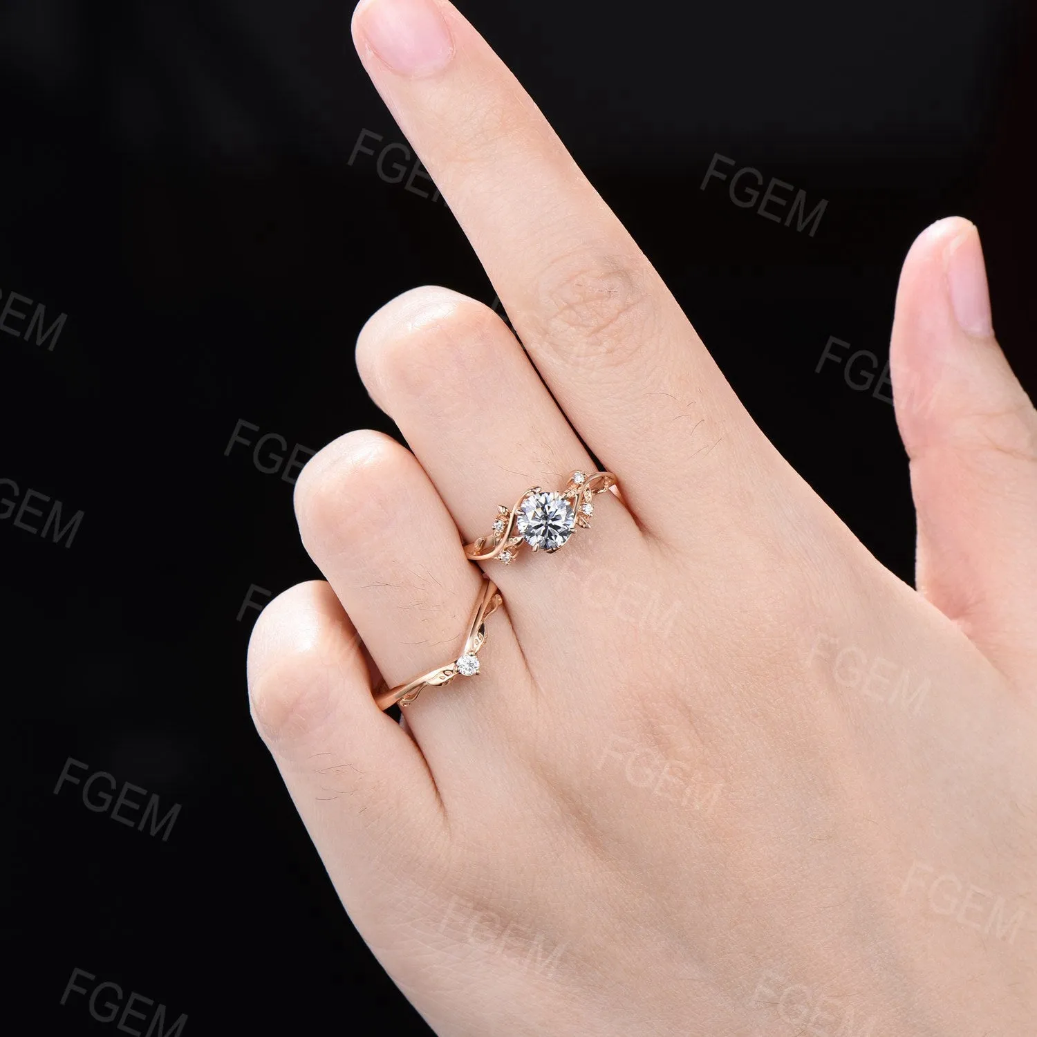 14k Solid Gold Engagement Ring Nature Inspired Grey Moissanite Ring 1ct Round Moissanite Bridal Set Twig Leaf Ring Set Proposal Women Gift