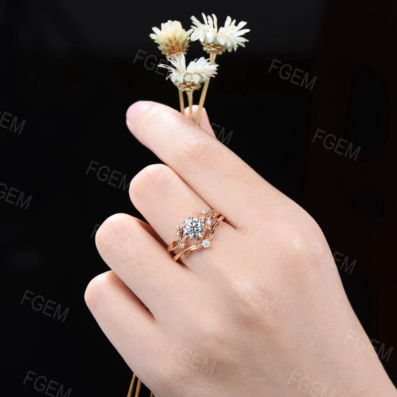 14k Solid Gold Engagement Ring Nature Inspired Grey Moissanite Ring 1ct Round Moissanite Bridal Set Twig Leaf Ring Set Proposal Women Gift