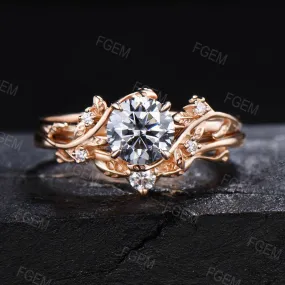 14k Solid Gold Engagement Ring Nature Inspired Grey Moissanite Ring 1ct Round Moissanite Bridal Set Twig Leaf Ring Set Proposal Women Gift