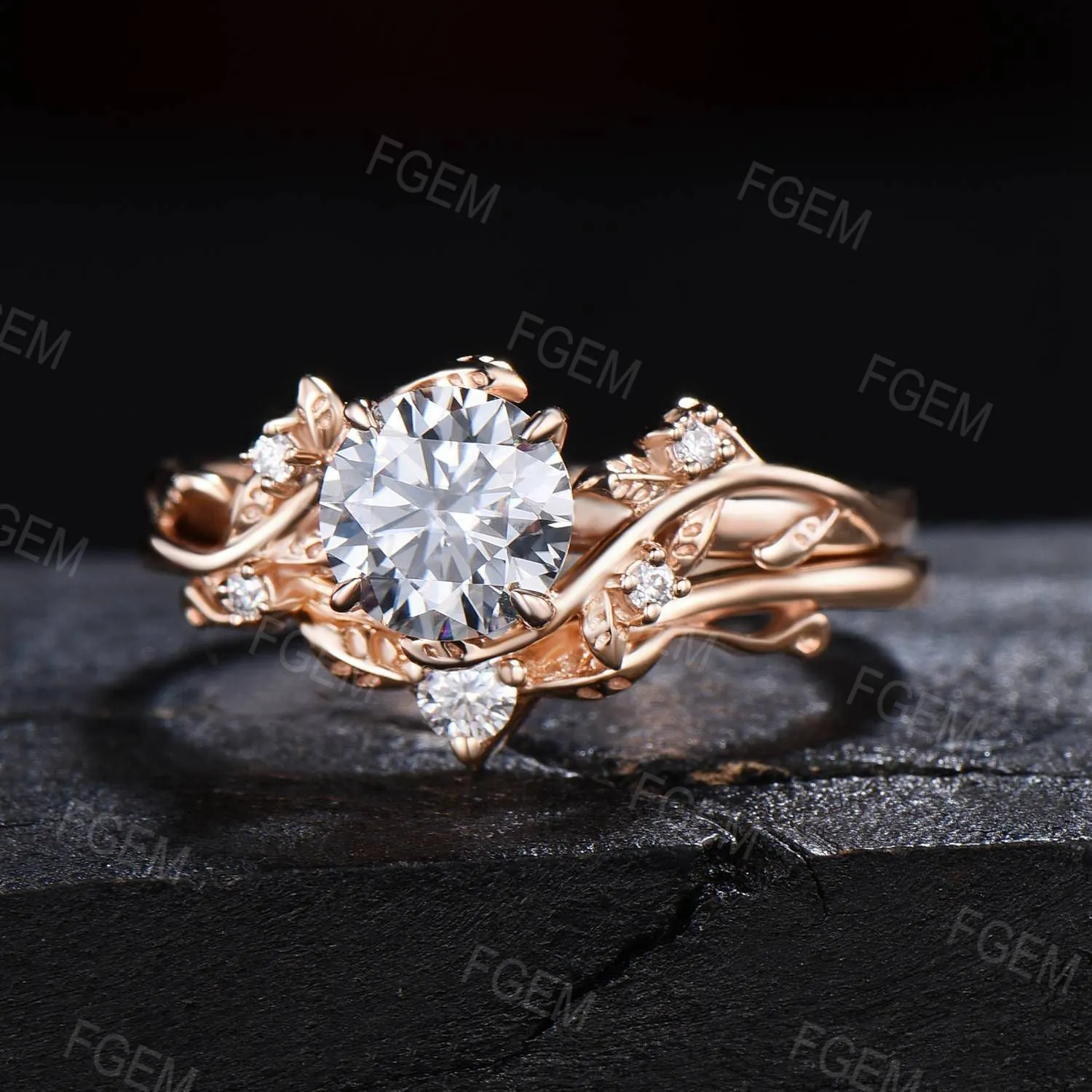 14k Solid Gold Engagement Ring Nature Inspired Grey Moissanite Ring 1ct Round Moissanite Bridal Set Twig Leaf Ring Set Proposal Women Gift