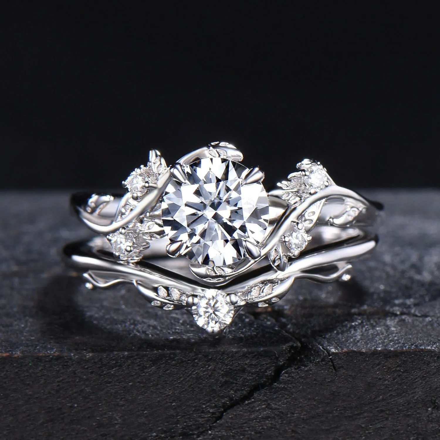 14k Solid Gold Engagement Ring Nature Inspired Grey Moissanite Ring 1ct Round Moissanite Bridal Set Twig Leaf Ring Set Proposal Women Gift