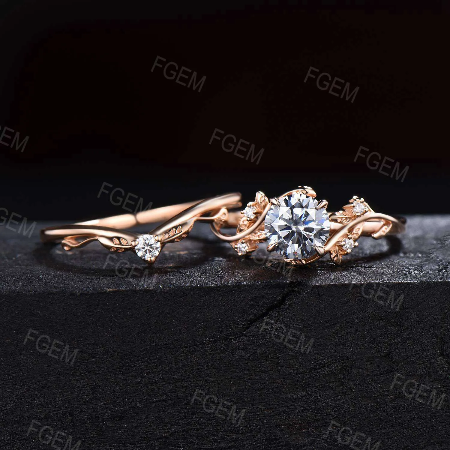 14k Solid Gold Engagement Ring Nature Inspired Grey Moissanite Ring 1ct Round Moissanite Bridal Set Twig Leaf Ring Set Proposal Women Gift