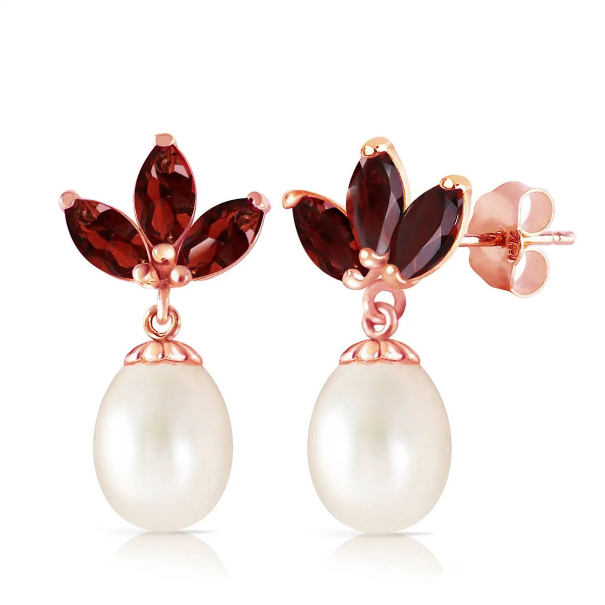 14K Solid Rose Gold Dangling Earrings w/ Pearls & Garnets