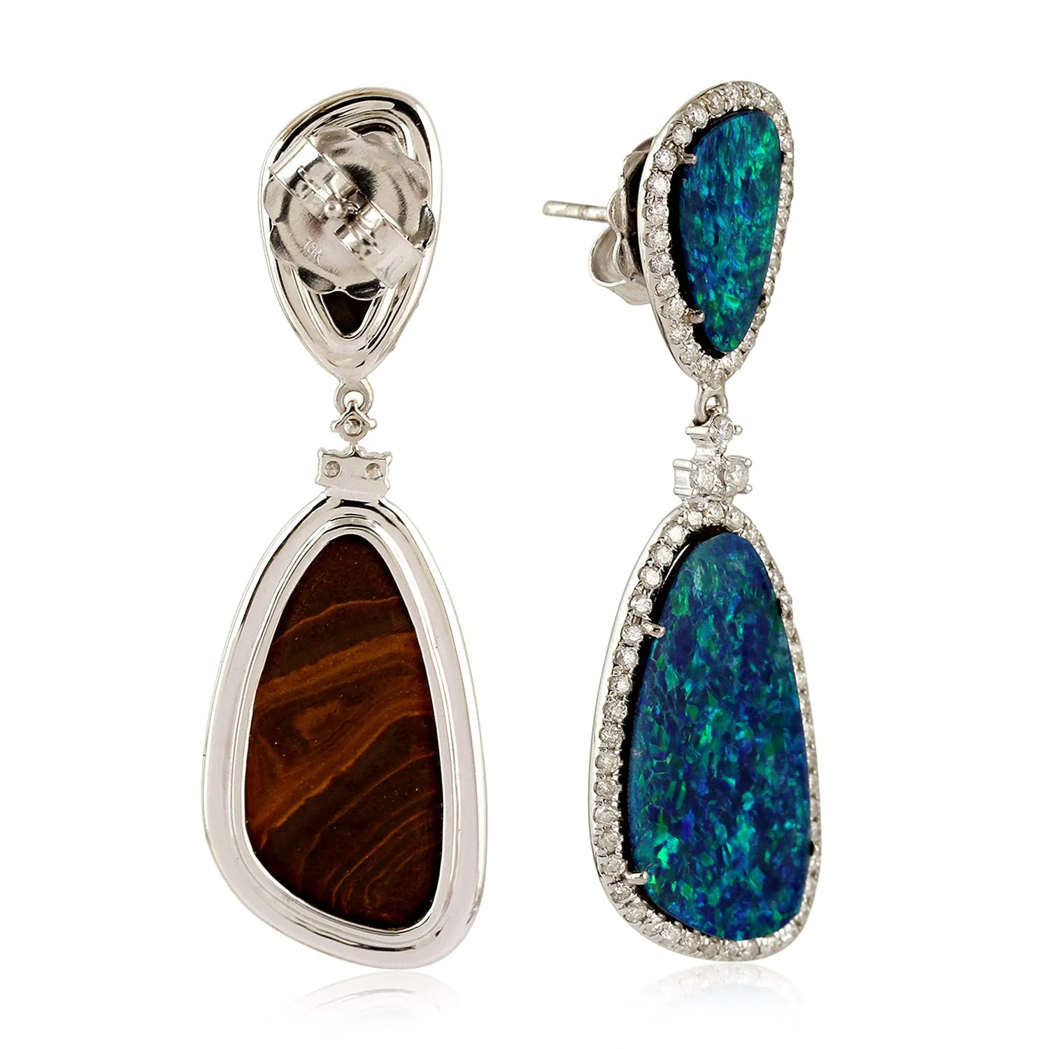 18K White Gold Uneven Opal Doublet Pave Natural Diamond Designer Dangler Fine Jewelry Gifts