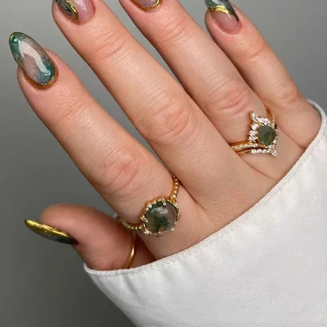 2023 925 Sterling Silver Round Green Moss Agate Adjustable Ring
