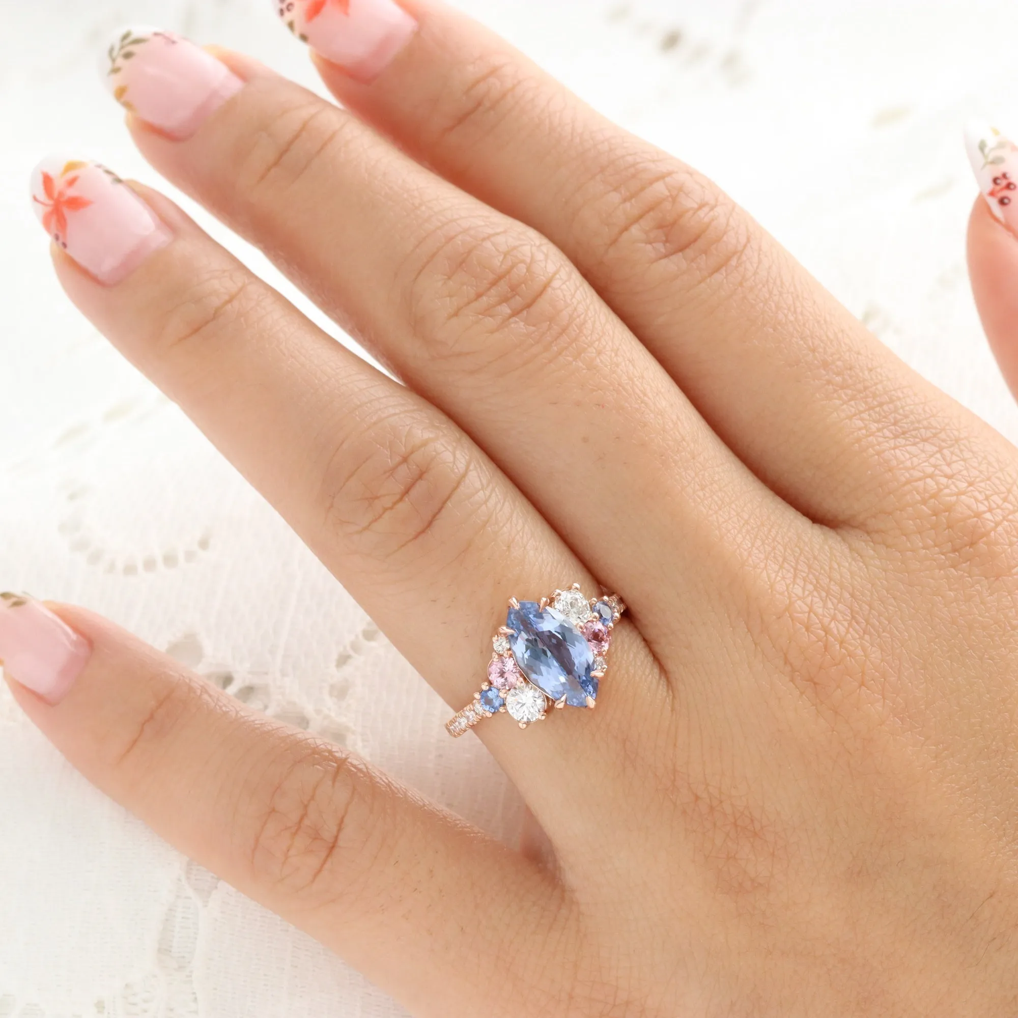 3.10 Ct Marquise Blue Sapphire Ring in 14k Rose Gold Cluster Diamond Ring Size 6.5