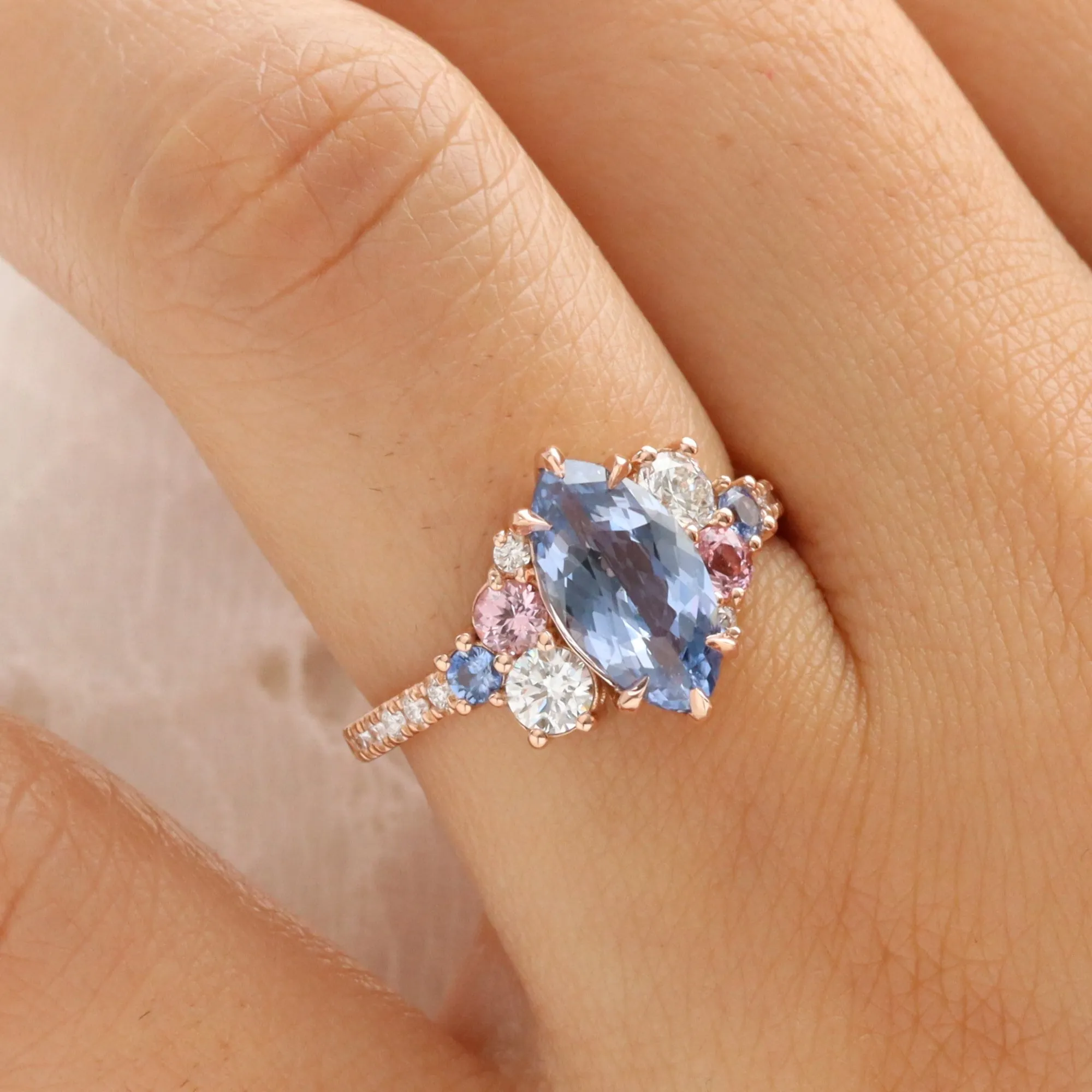 3.10 Ct Marquise Blue Sapphire Ring in 14k Rose Gold Cluster Diamond Ring Size 6.5