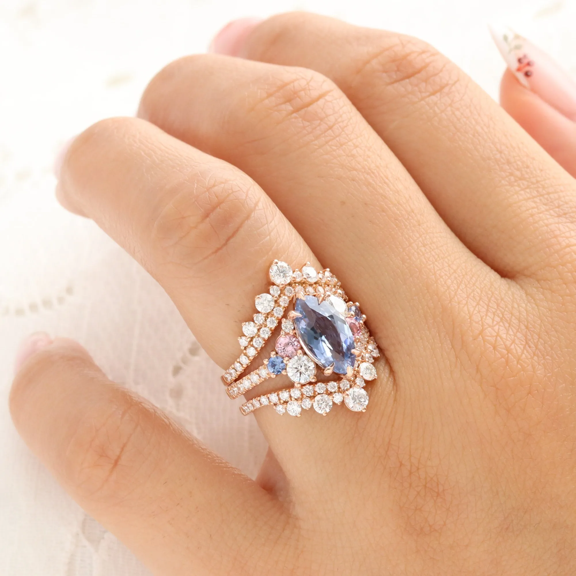 3.10 Ct Marquise Blue Sapphire Ring in 14k Rose Gold Cluster Diamond Ring Size 6.5
