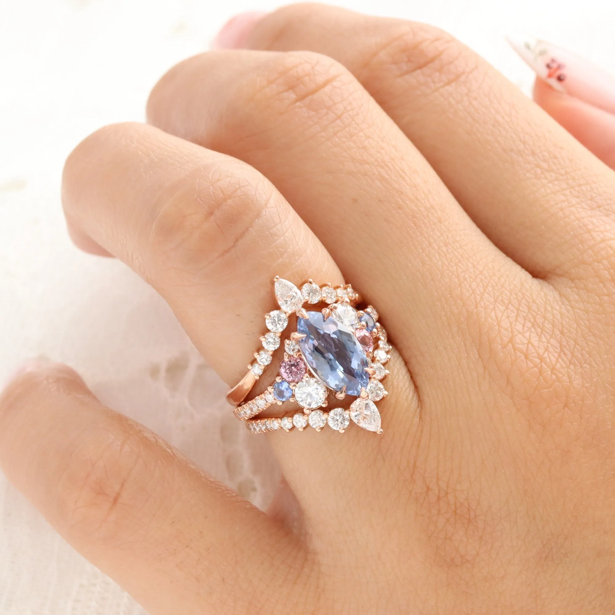 3.10 Ct Marquise Blue Sapphire Ring in 14k Rose Gold Cluster Diamond Ring Size 6.5