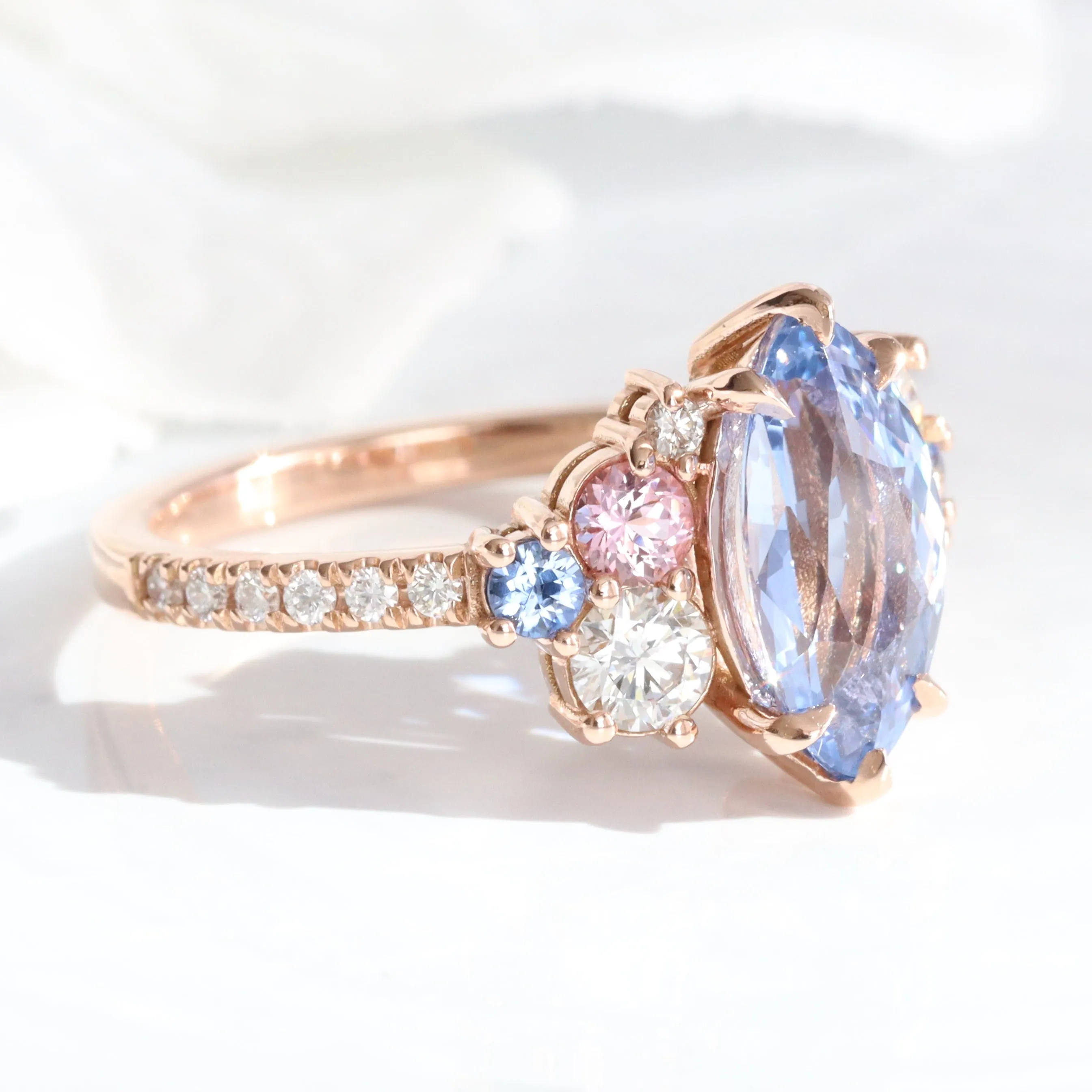 3.10 Ct Marquise Blue Sapphire Ring in 14k Rose Gold Cluster Diamond Ring Size 6.5