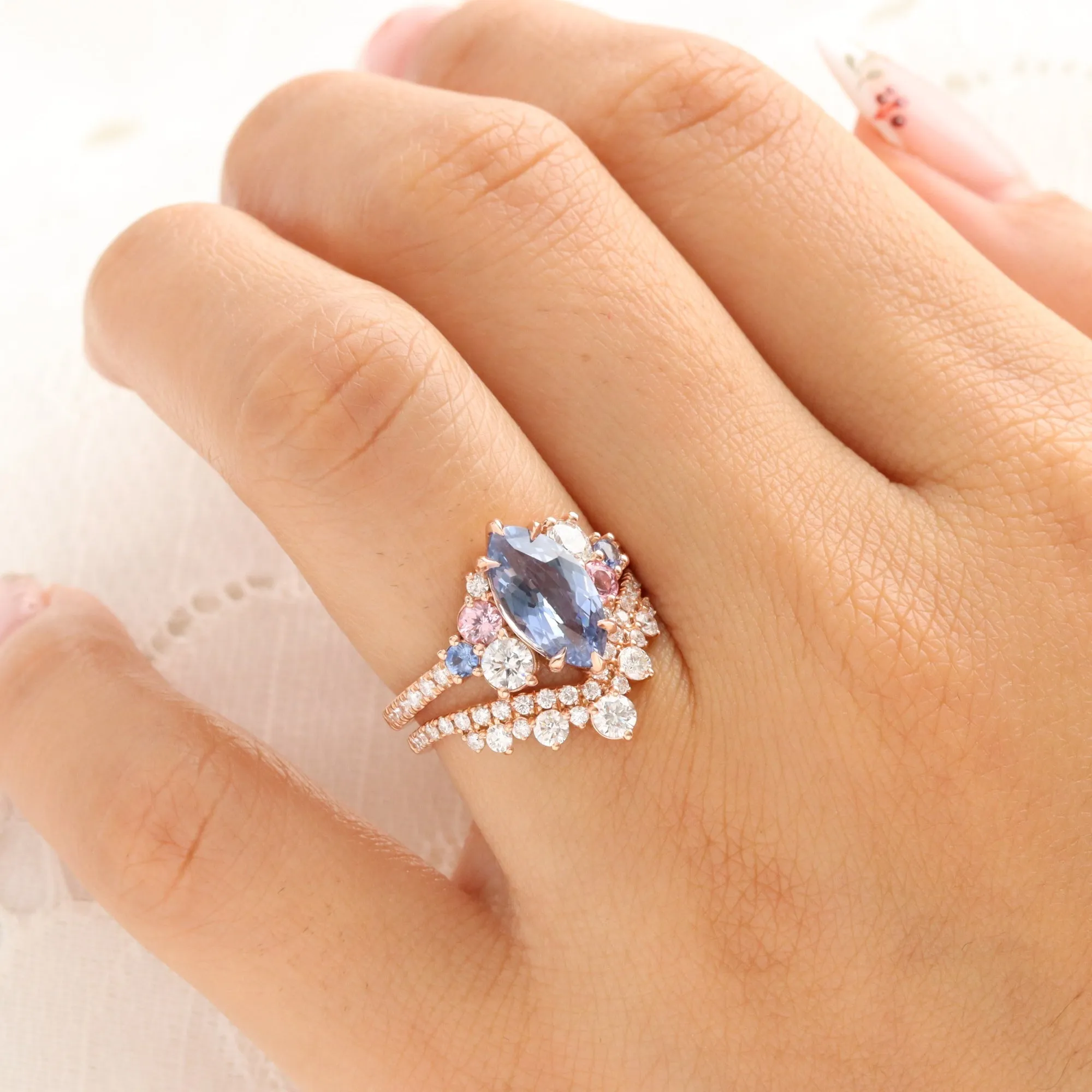 3.10 Ct Marquise Blue Sapphire Ring in 14k Rose Gold Cluster Diamond Ring Size 6.5