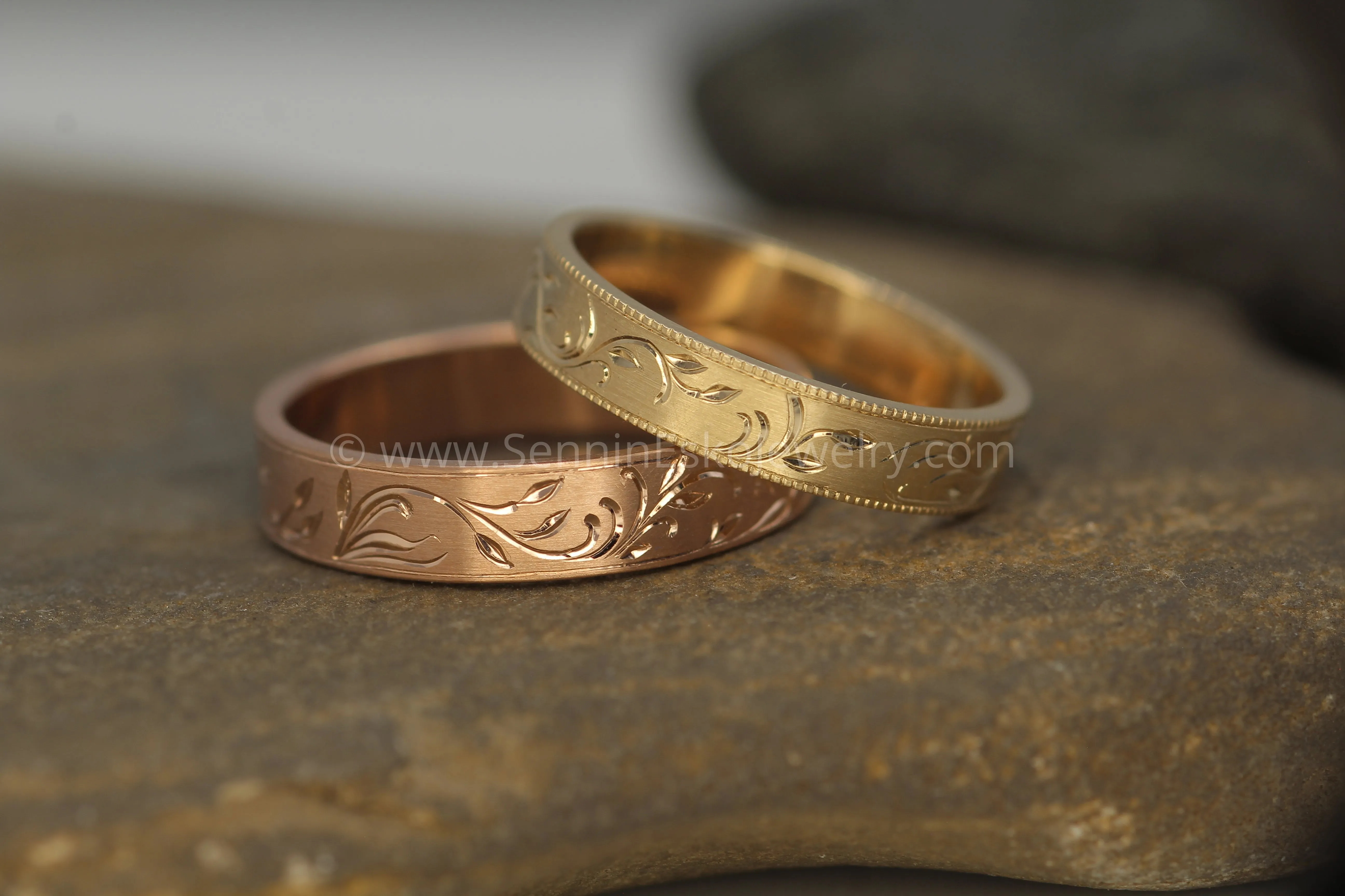 4x1mm Branches and Leaves Variation 1 14kt Yellow Gold Bright Cut Engraved Band
