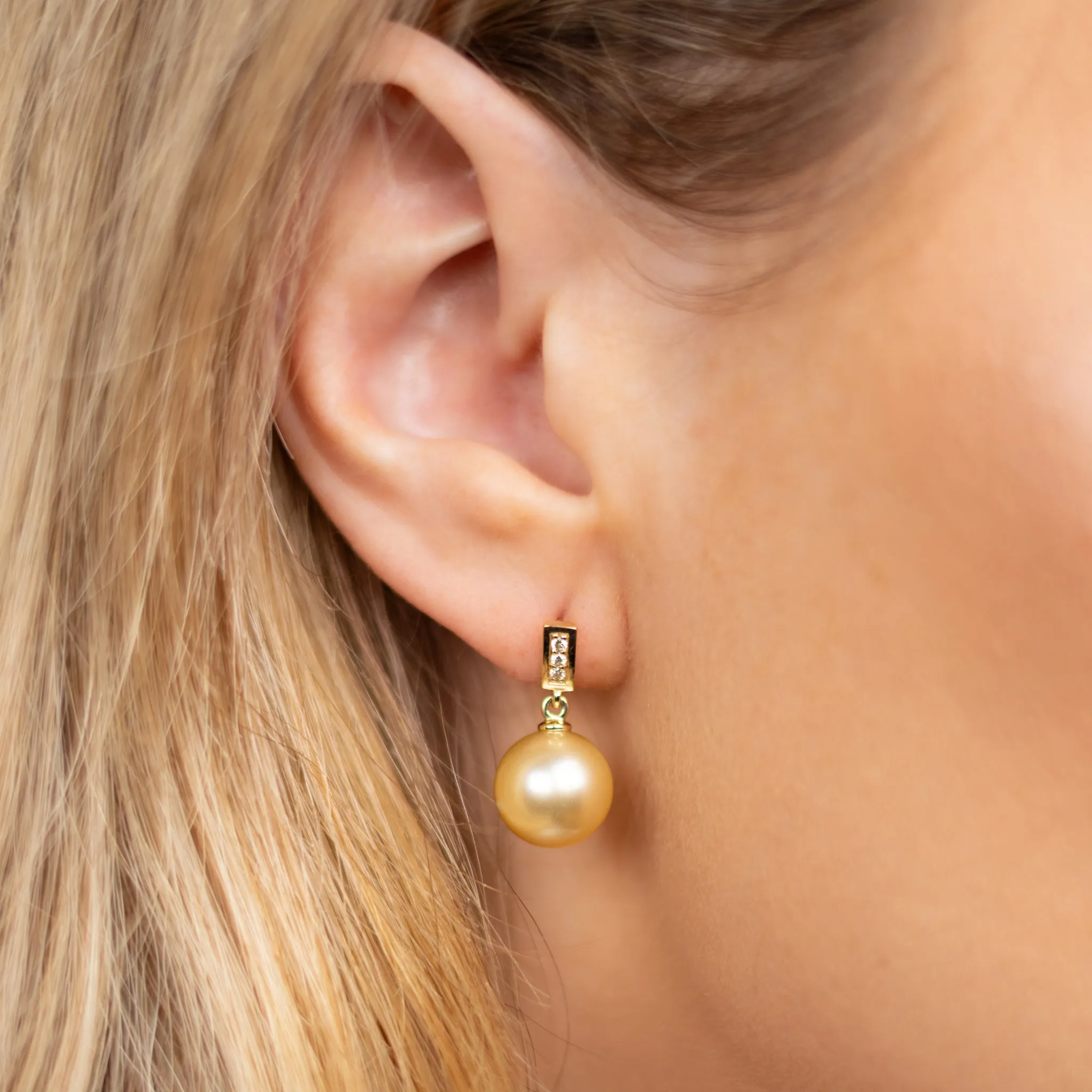 9K Yellow Gold South Sea Cultured 10 - 11mm Pearl and Diamond Drop Earrings