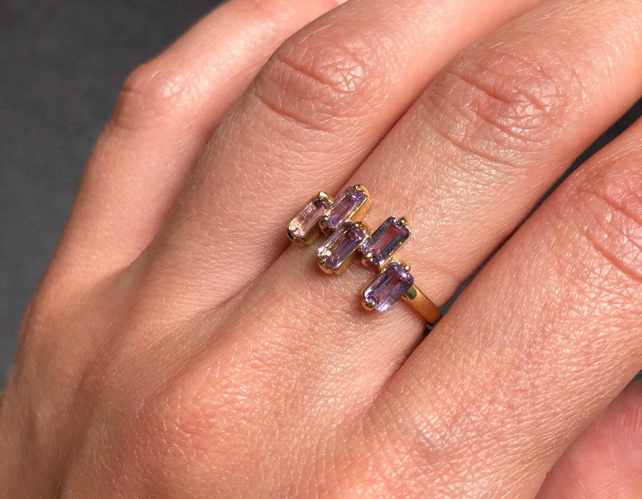 Amethyst Baguette Gold Ring, Natural Amethyst Ring, Asymmetric Purple Ring