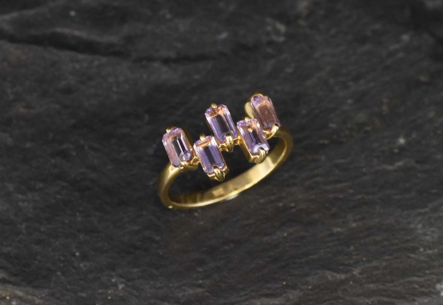Amethyst Baguette Gold Ring, Natural Amethyst Ring, Asymmetric Purple Ring