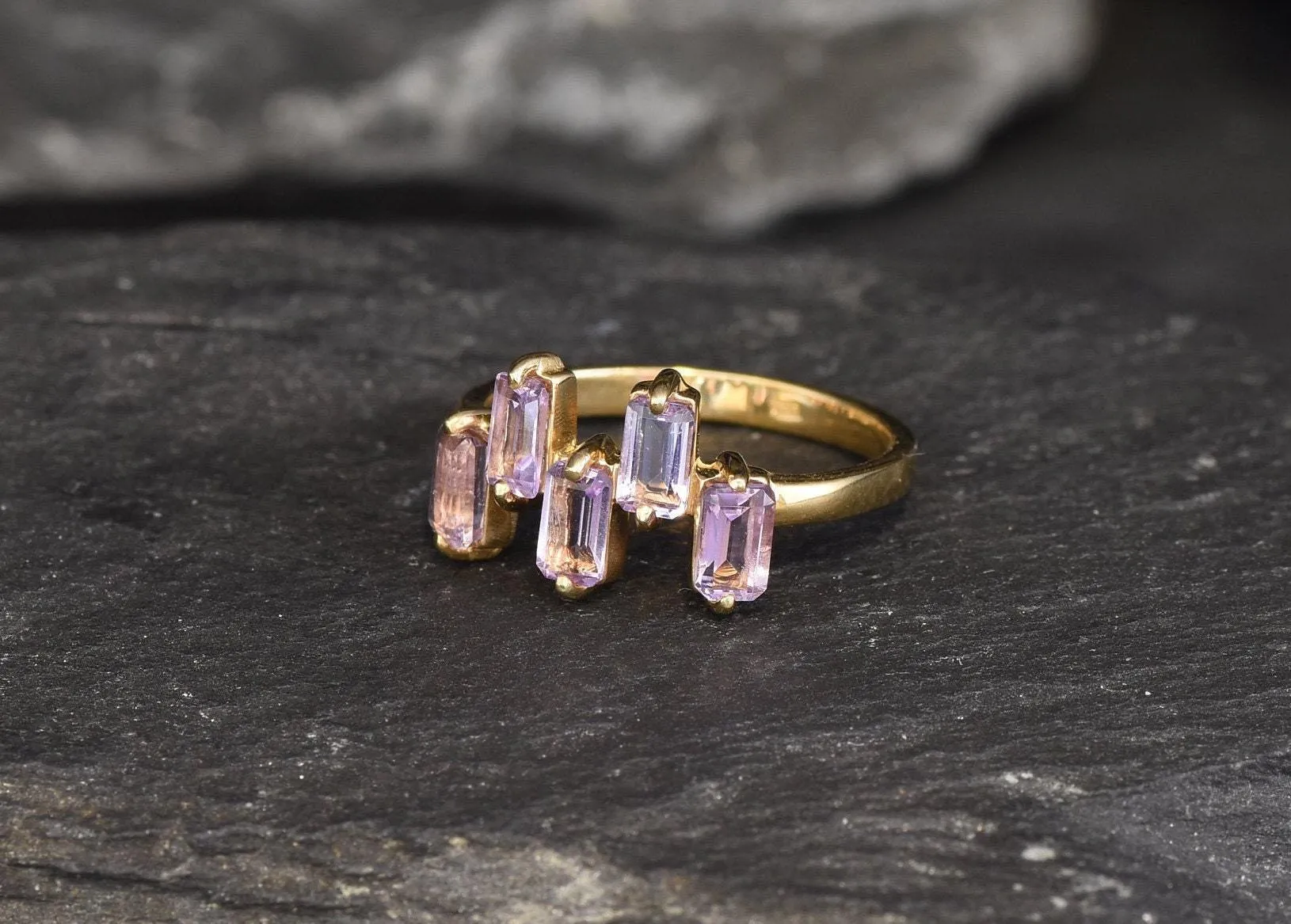 Amethyst Baguette Gold Ring, Natural Amethyst Ring, Asymmetric Purple Ring