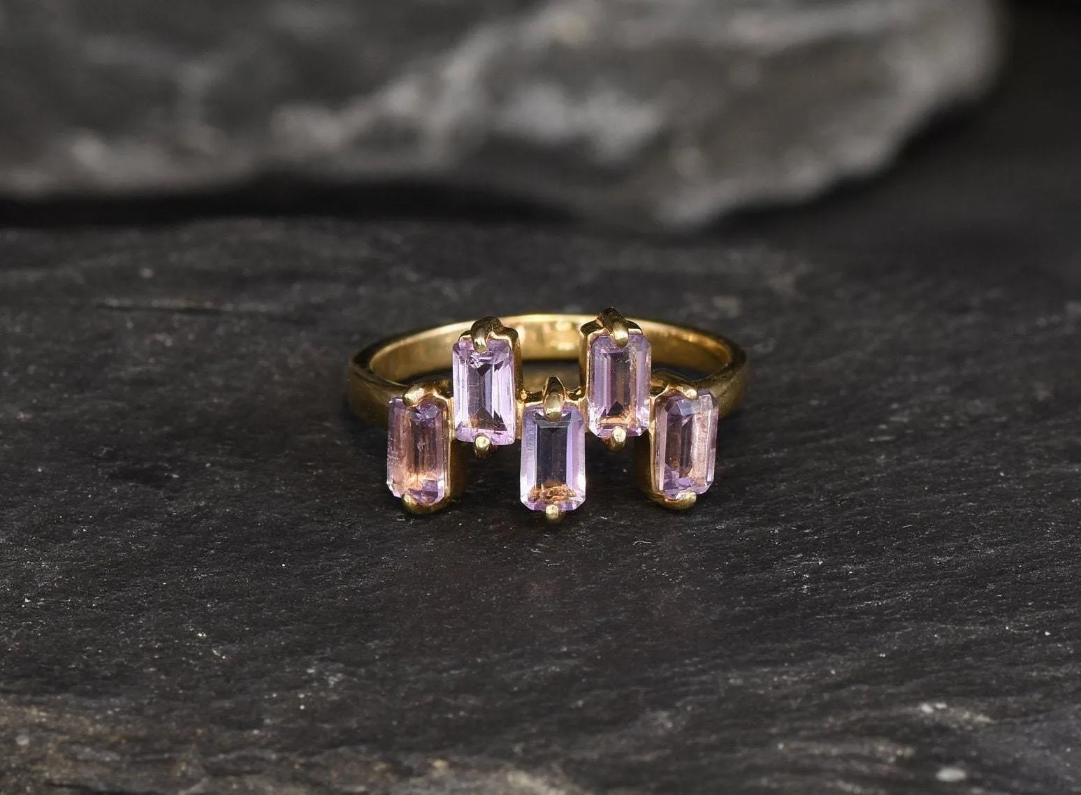 Amethyst Baguette Gold Ring, Natural Amethyst Ring, Asymmetric Purple Ring