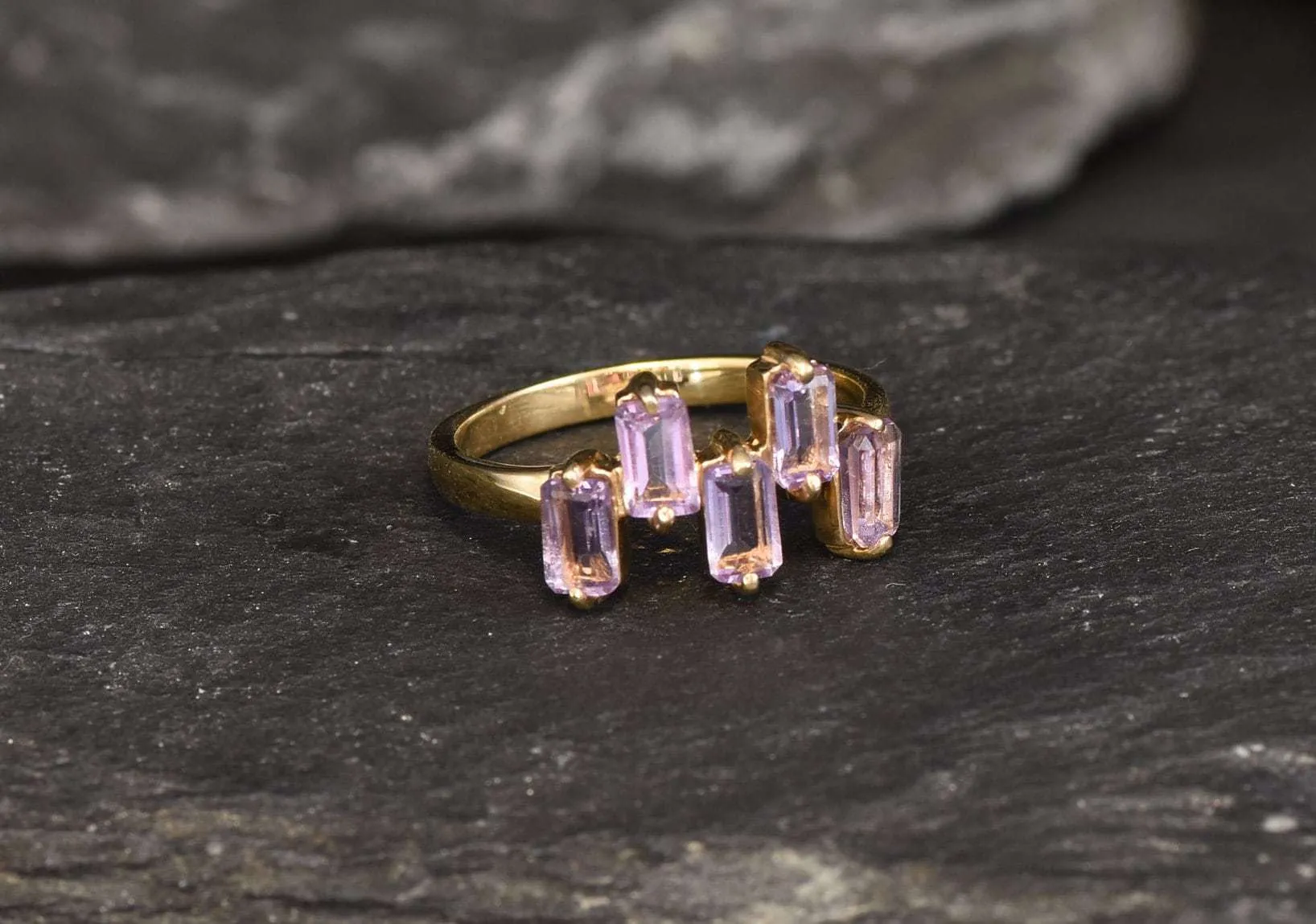 Amethyst Baguette Gold Ring, Natural Amethyst Ring, Asymmetric Purple Ring