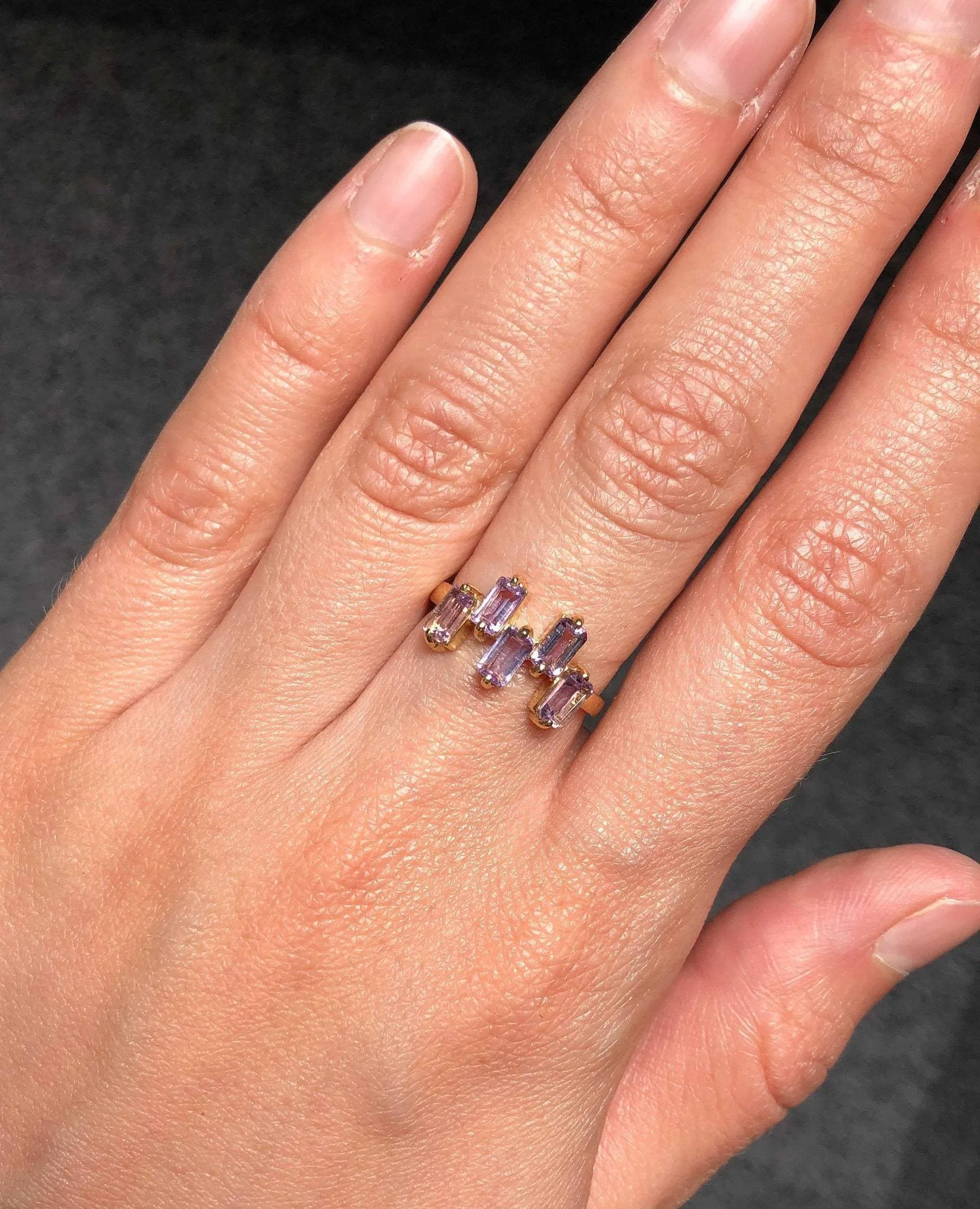Amethyst Baguette Gold Ring, Natural Amethyst Ring, Asymmetric Purple Ring