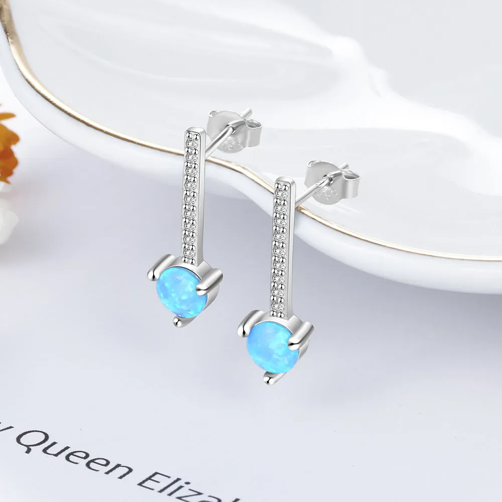 Blue Round Opal Pendant with Zircon Strip Sterling Silver Drop Earrings
