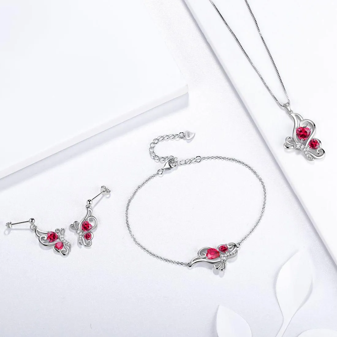 Butterfly Birthstone July Ruby Necklace Women Girls Jewelry Birthday Gift Sterling Silver