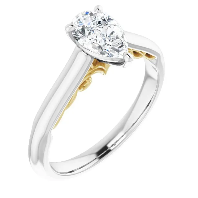 Cubic Zirconia Engagement Ring- The Adelaide (Customizable Pear Cut Cathedral Solitaire with Two-Tone Option Decorative Trellis 'Down Under')
