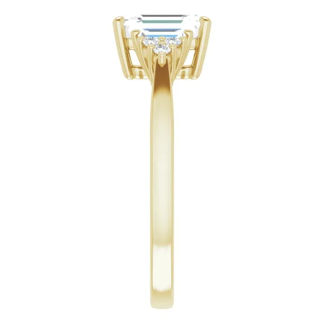 Cubic Zirconia Engagement Ring- The Barb (Customizable 9-stone Design with Radiant Cut Center, Side Baguettes and Tri-Cluster Round Accents)