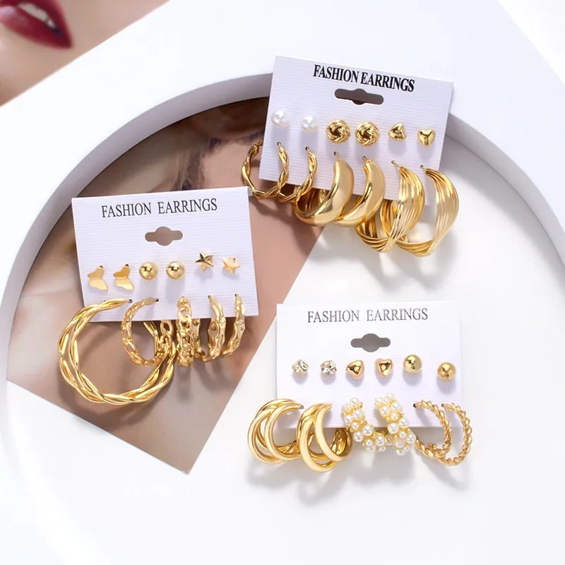 DEANWANGKT 6Pairs Punk Metal Pearls Big Hoop Earrings for Women Bohomia Gold Color Chain Circle Geometric Drop Earring Fashion Jewelry
