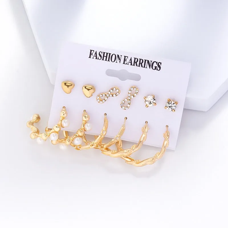 DEANWANGKT 6Pairs Punk Metal Pearls Big Hoop Earrings for Women Bohomia Gold Color Chain Circle Geometric Drop Earring Fashion Jewelry