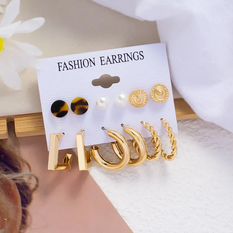 DEANWANGKT 6Pairs Punk Metal Pearls Big Hoop Earrings for Women Bohomia Gold Color Chain Circle Geometric Drop Earring Fashion Jewelry