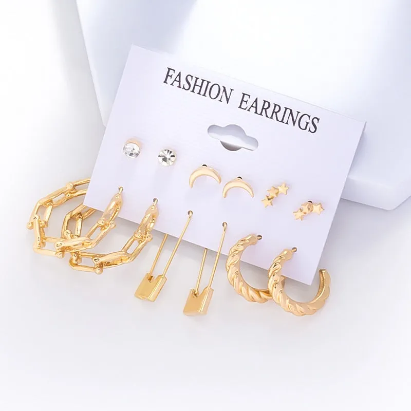 DEANWANGKT 6Pairs Punk Metal Pearls Big Hoop Earrings for Women Bohomia Gold Color Chain Circle Geometric Drop Earring Fashion Jewelry