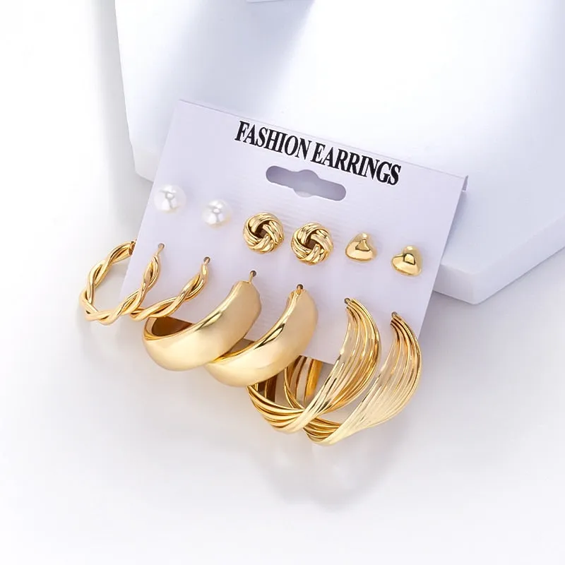 DEANWANGKT 6Pairs Punk Metal Pearls Big Hoop Earrings for Women Bohomia Gold Color Chain Circle Geometric Drop Earring Fashion Jewelry