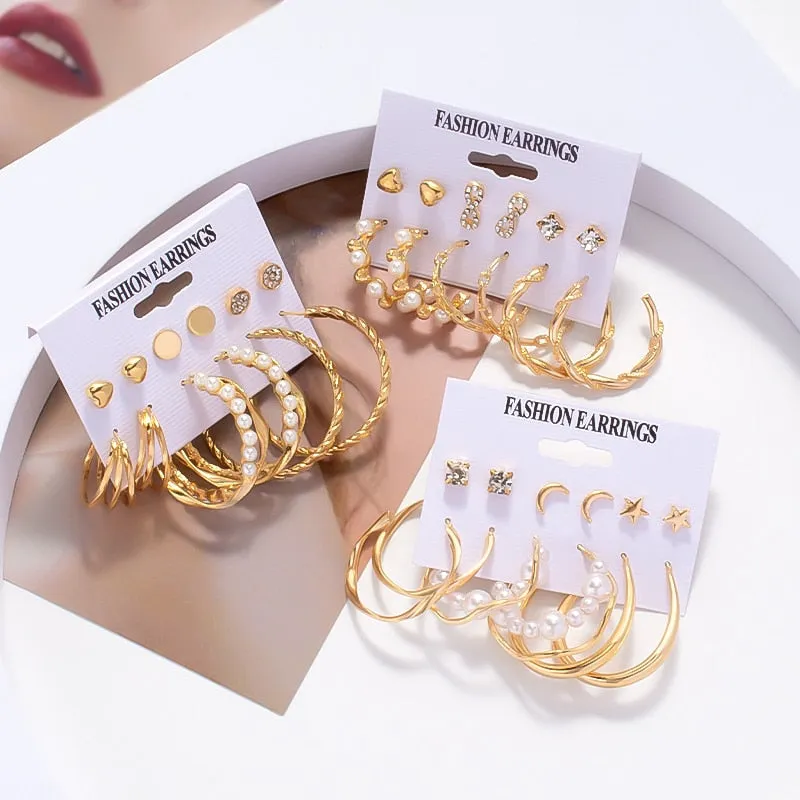DEANWANGKT 6Pairs Punk Metal Pearls Big Hoop Earrings for Women Bohomia Gold Color Chain Circle Geometric Drop Earring Fashion Jewelry