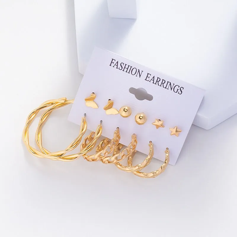 DEANWANGKT 6Pairs Punk Metal Pearls Big Hoop Earrings for Women Bohomia Gold Color Chain Circle Geometric Drop Earring Fashion Jewelry