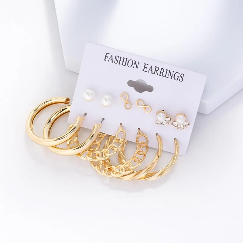 DEANWANGKT 6Pairs Punk Metal Pearls Big Hoop Earrings for Women Bohomia Gold Color Chain Circle Geometric Drop Earring Fashion Jewelry