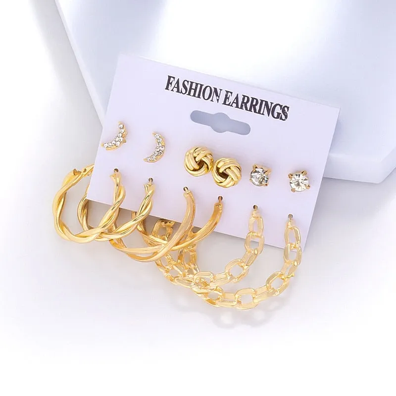 DEANWANGKT 6Pairs Punk Metal Pearls Big Hoop Earrings for Women Bohomia Gold Color Chain Circle Geometric Drop Earring Fashion Jewelry