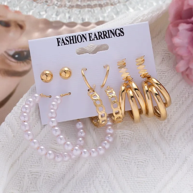 DEANWANGKT 6Pairs Punk Metal Pearls Big Hoop Earrings for Women Bohomia Gold Color Chain Circle Geometric Drop Earring Fashion Jewelry