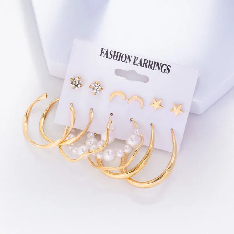 DEANWANGKT 6Pairs Punk Metal Pearls Big Hoop Earrings for Women Bohomia Gold Color Chain Circle Geometric Drop Earring Fashion Jewelry