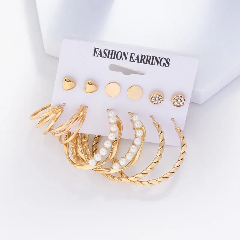 DEANWANGKT 6Pairs Punk Metal Pearls Big Hoop Earrings for Women Bohomia Gold Color Chain Circle Geometric Drop Earring Fashion Jewelry