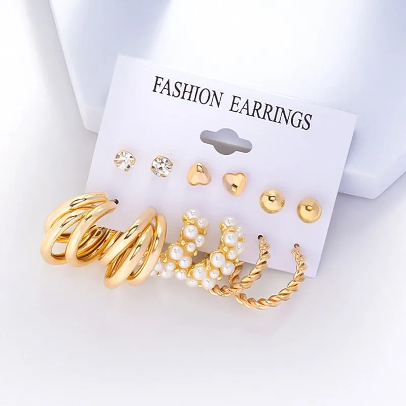 DEANWANGKT 6Pairs Punk Metal Pearls Big Hoop Earrings for Women Bohomia Gold Color Chain Circle Geometric Drop Earring Fashion Jewelry