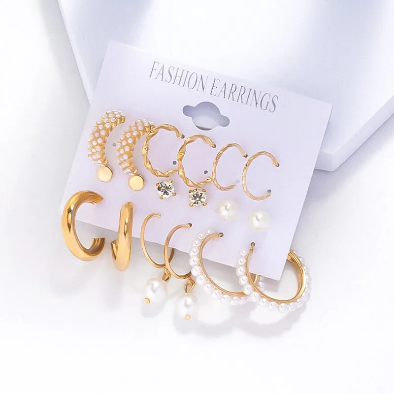 DEANWANGKT 6Pairs Punk Metal Pearls Big Hoop Earrings for Women Bohomia Gold Color Chain Circle Geometric Drop Earring Fashion Jewelry