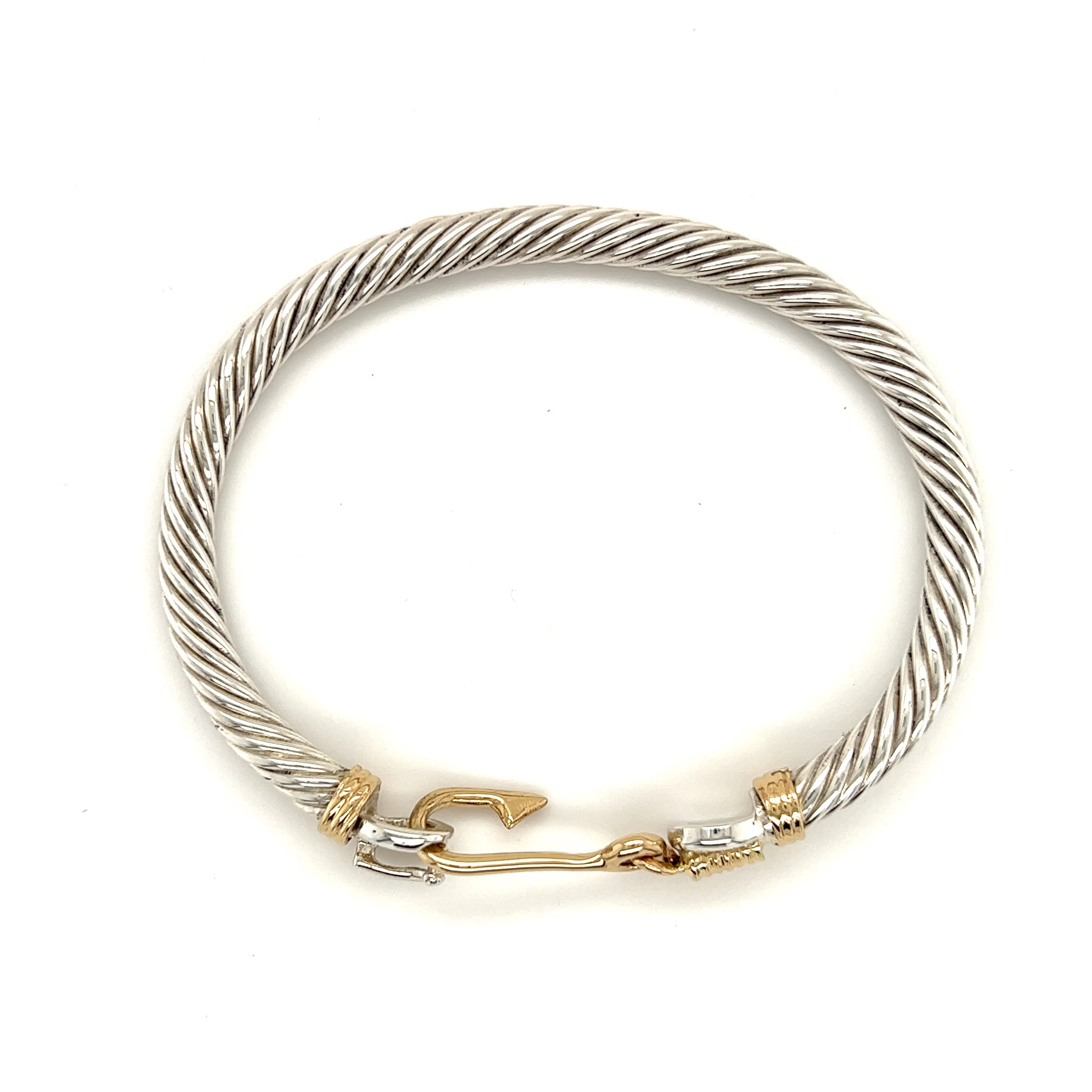 Fish Hook Cable 5mm Bangle Bracelet with 14K Wraps and Clasp in Sterling Silver