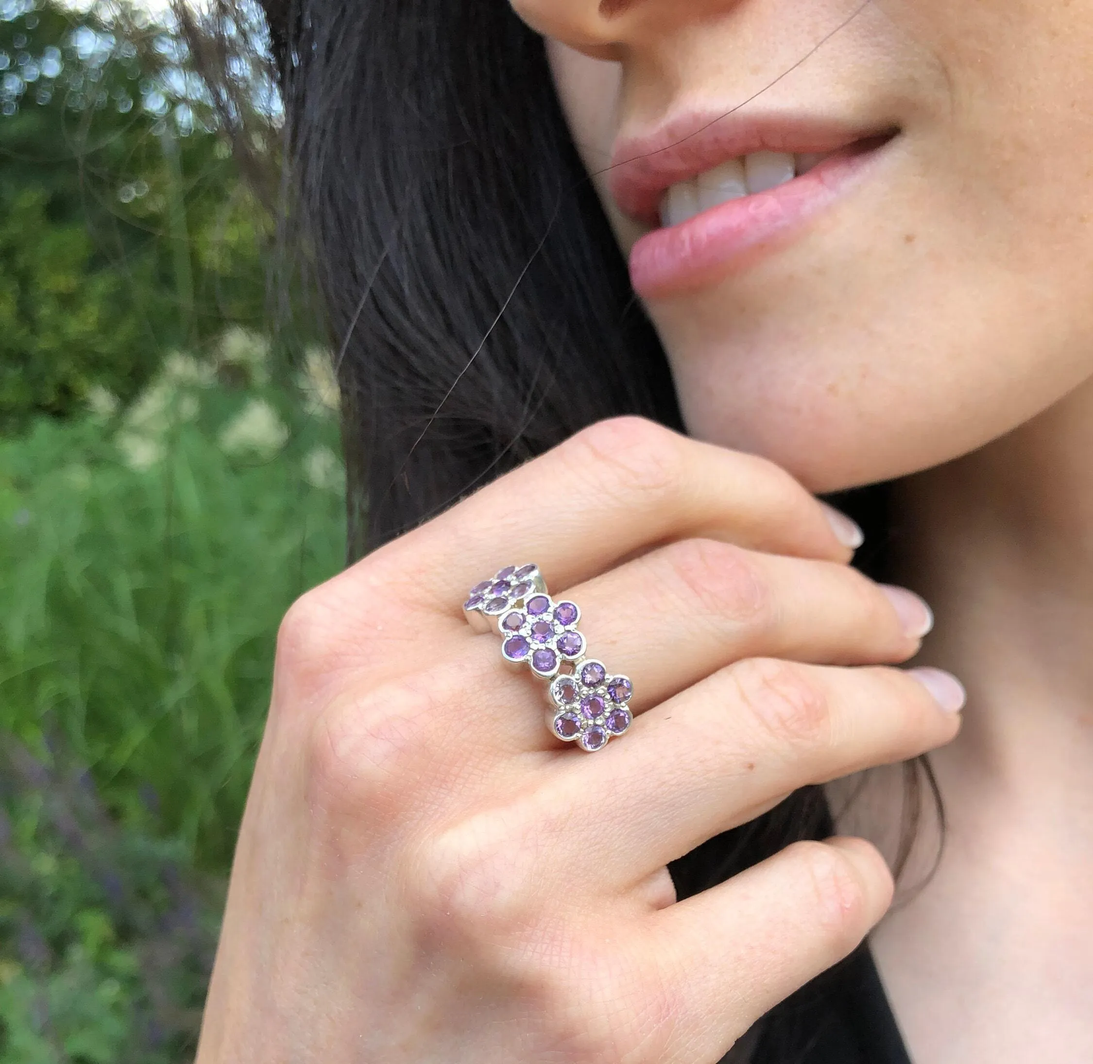 Genuine Amethyst Ring - Purple Flower Ring - February Birthstone Floral Ring