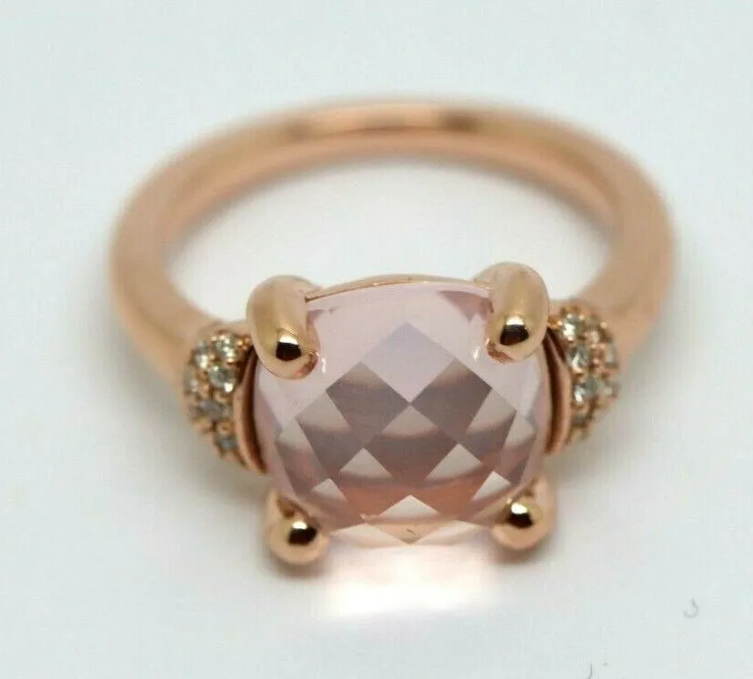 Genuine Solid 9ct375 Rose Gold Rose Quartz Faceted Cushion Stone Diamond Ring, Size K