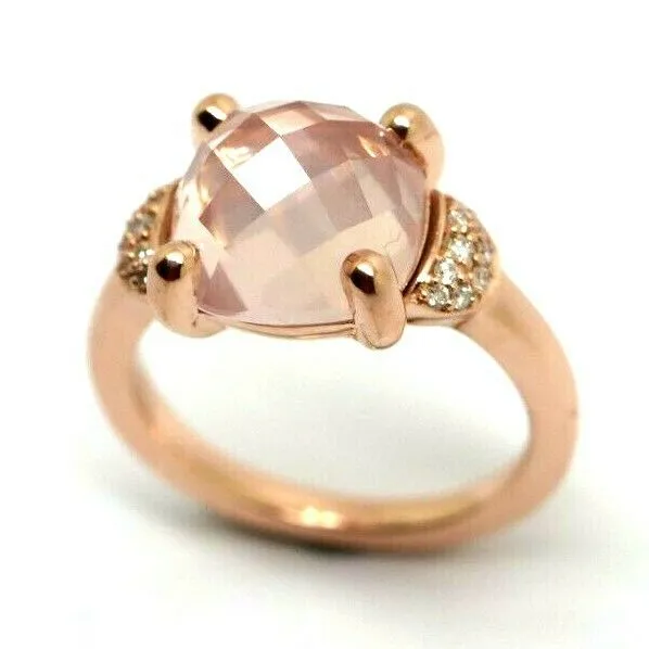 Genuine Solid 9ct375 Rose Gold Rose Quartz Faceted Cushion Stone Diamond Ring, Size K