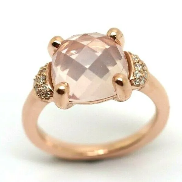 Genuine Solid 9ct375 Rose Gold Rose Quartz Faceted Cushion Stone Diamond Ring, Size K