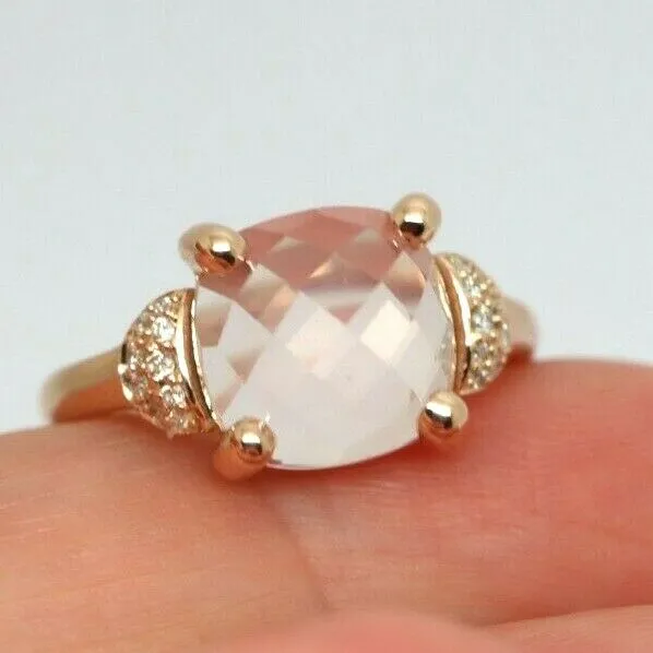Genuine Solid 9ct375 Rose Gold Rose Quartz Faceted Cushion Stone Diamond Ring, Size K